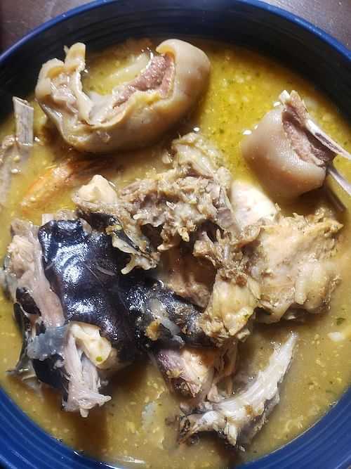 Bowl of traditional stew with chicken, vegetables, and dumplings.